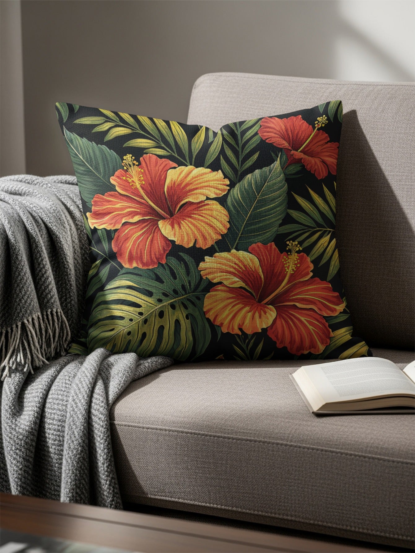 Tropical Hibiscus with Green Leaves Decorative Floral Throw Pillows - Walk Greener