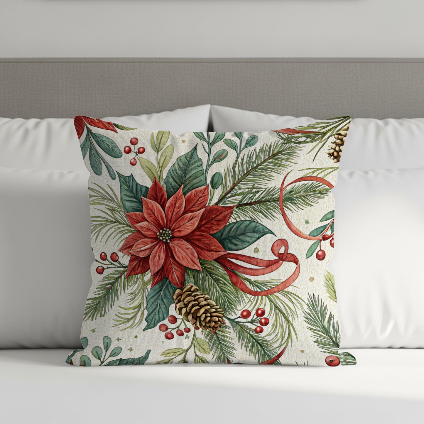 Festive Floral Poinsettia Throw Pillow Holiday Decor