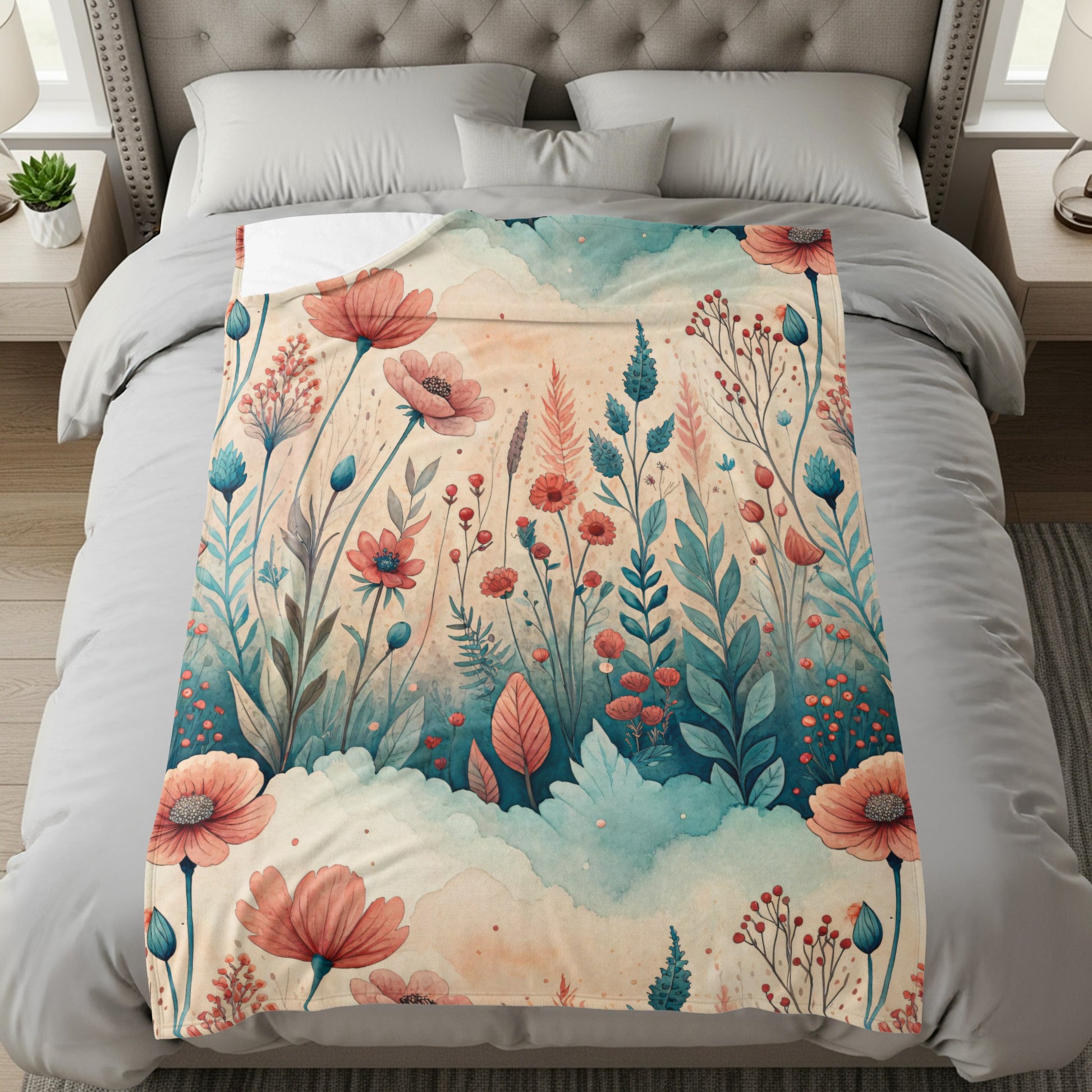 Watercolor Floral Meadow Peach Blossoms and Blue Sprigs - Walk Greener
