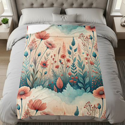 Watercolor Floral Meadow Peach Blossoms and Blue Sprigs - Walk Greener