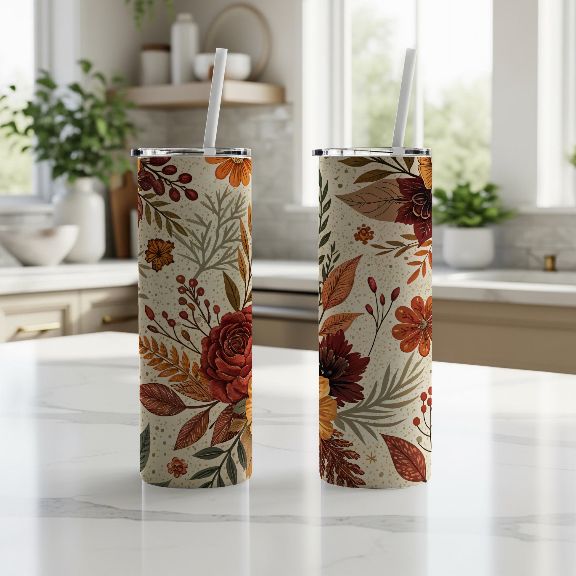 Floral Patterned Insulated Tumbler with Straw Drinkware