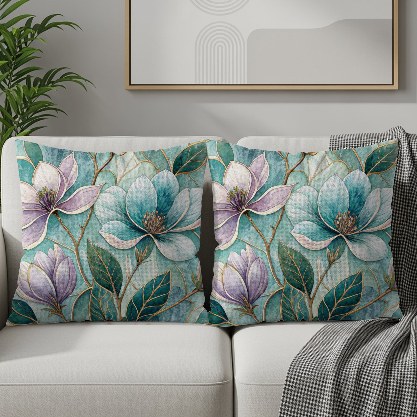 Floral Mosaic Magnolia Watercolor Elegant Design Throw Pillows - Walk Greener
