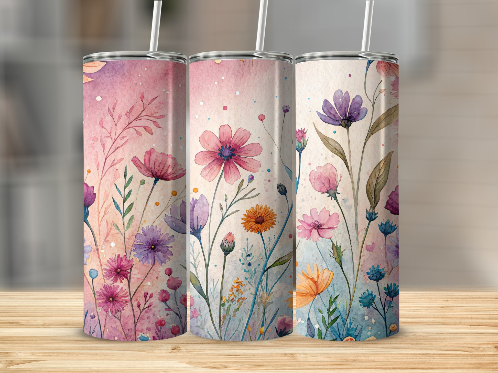 Watercolor Flowers On The Meadow Pink Purple 20 oz Skinny Tumbler - Walk Greener