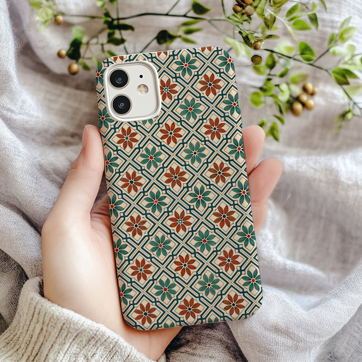 Floral Tile Pattern with Custom Name Option Custom Phone Case - Walk Greener