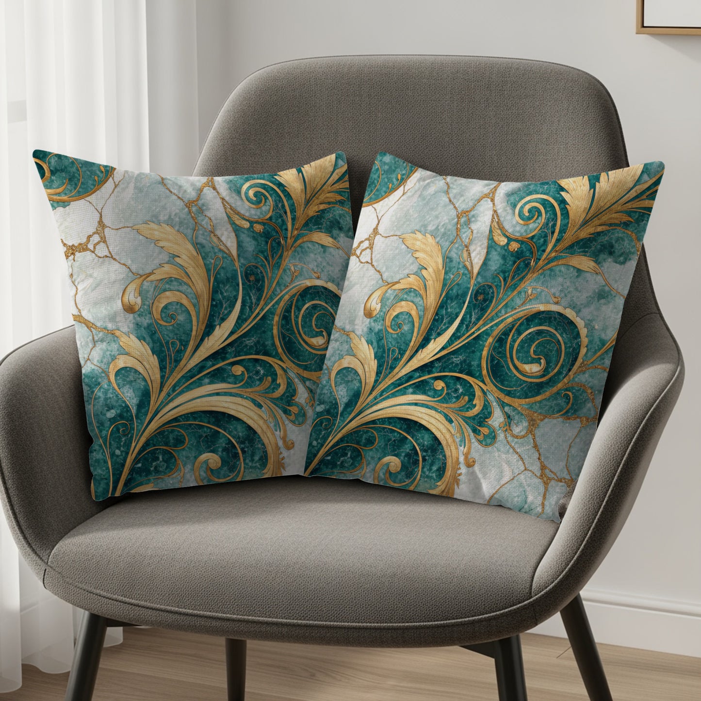Teal and Gold Floral Pattern Elegant Decorative Floral Throw Pillows - Walk Greener