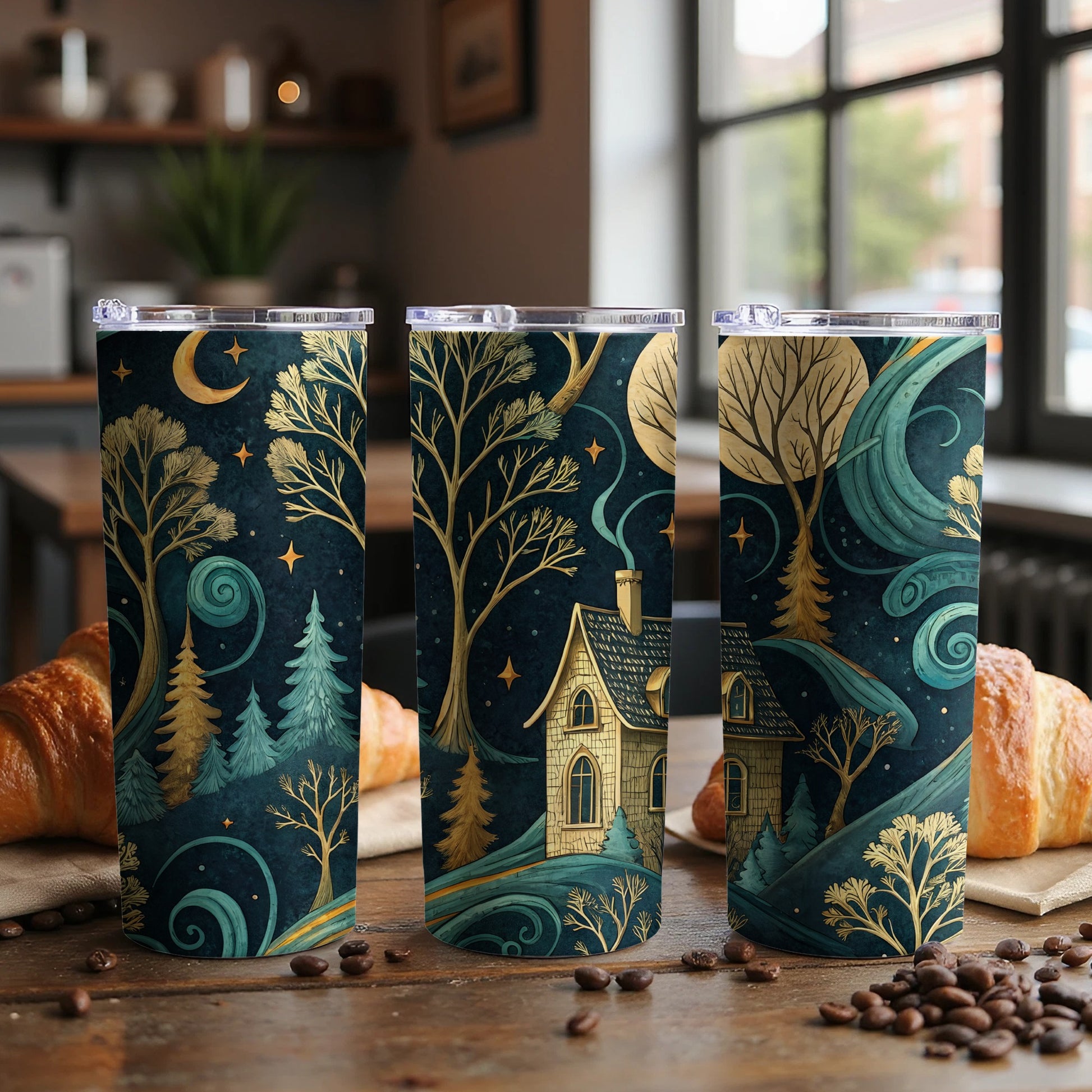 Moon Stars Over Cottage Dreamy Landscape Scene Tumbler - Walk Greener