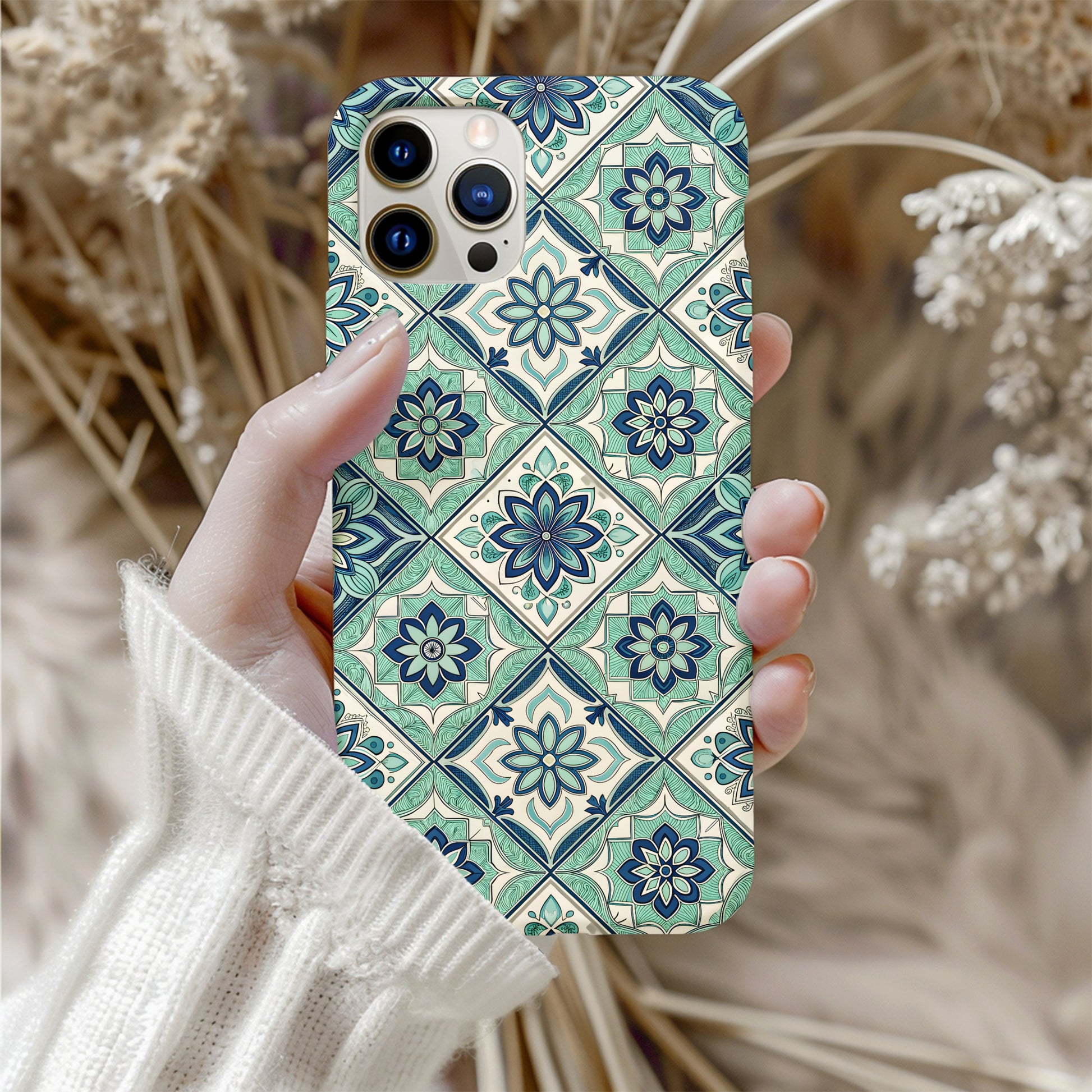 Elegant Floral Tile Design Blue Aqua Custom Phone Case - Walk Greener