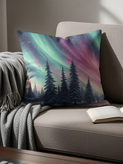 Northern Lights and Pine Trees Design Pillow