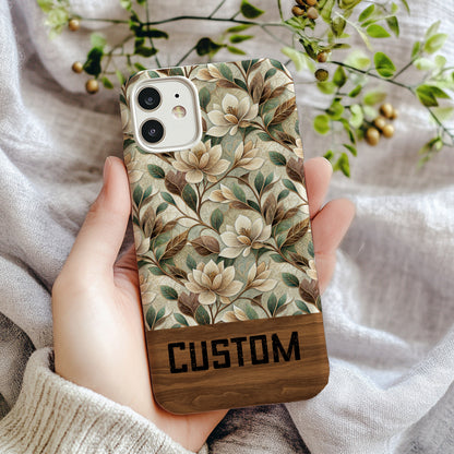 Custom Floral Design Phone Case with Wooden Accent