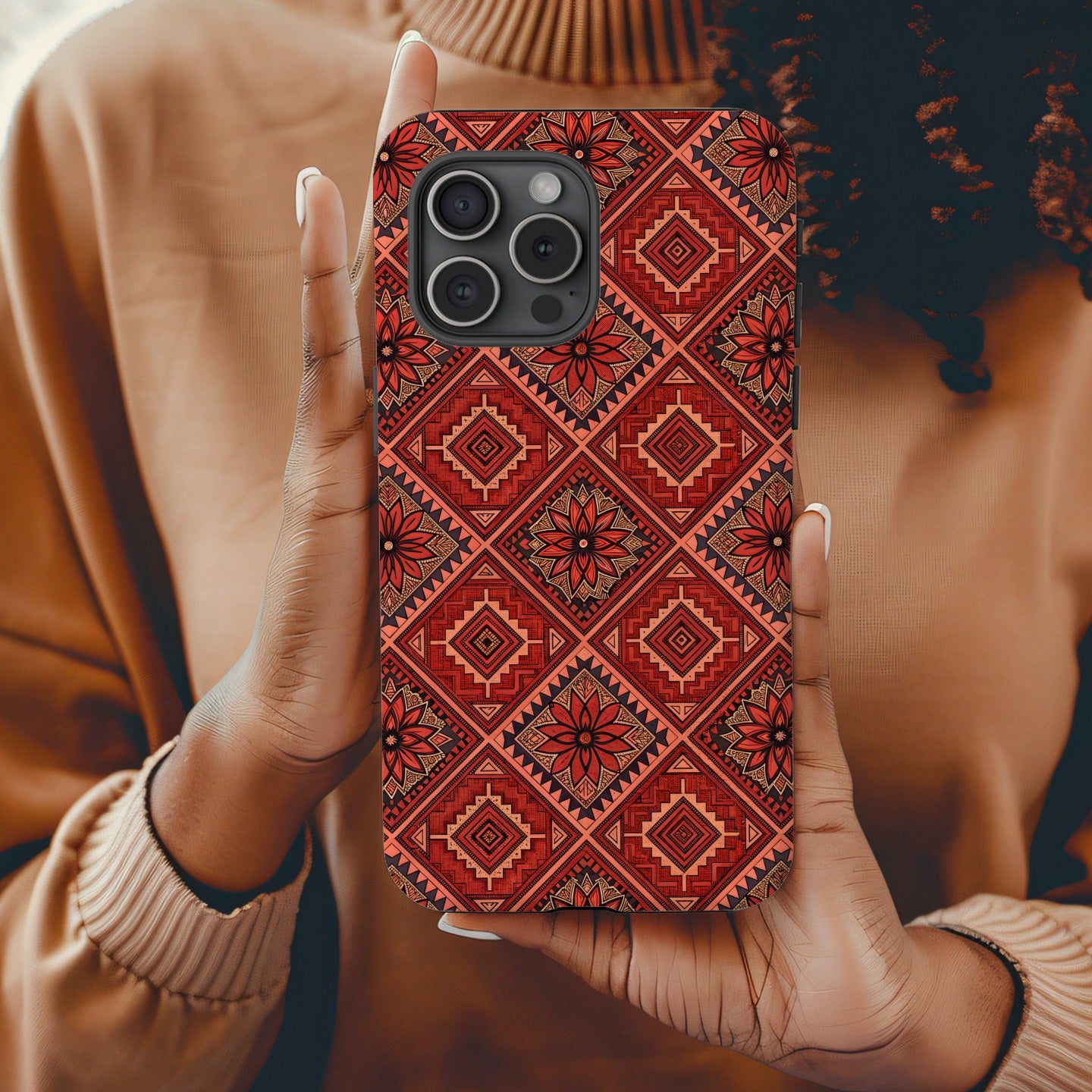 Floral Tiles in Orange Aztec Patterns With Custom Name Custom Phone Case - Walk Greener