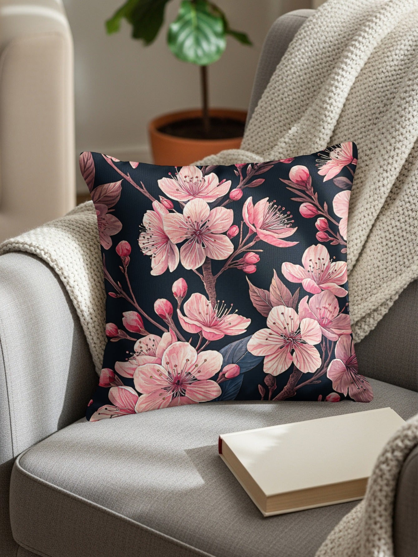Delicate Pink Blossoms on Dark Branching Decorative Floral Throw Pillows - Walk Greener