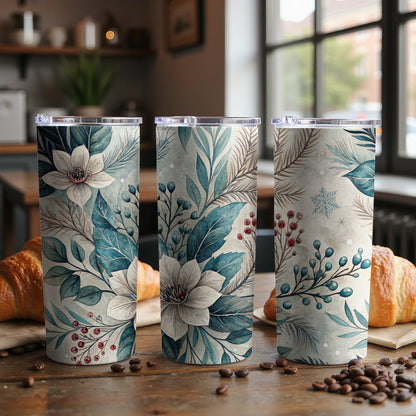 Floral Blue Leaf and Berry Design Tumbler Product