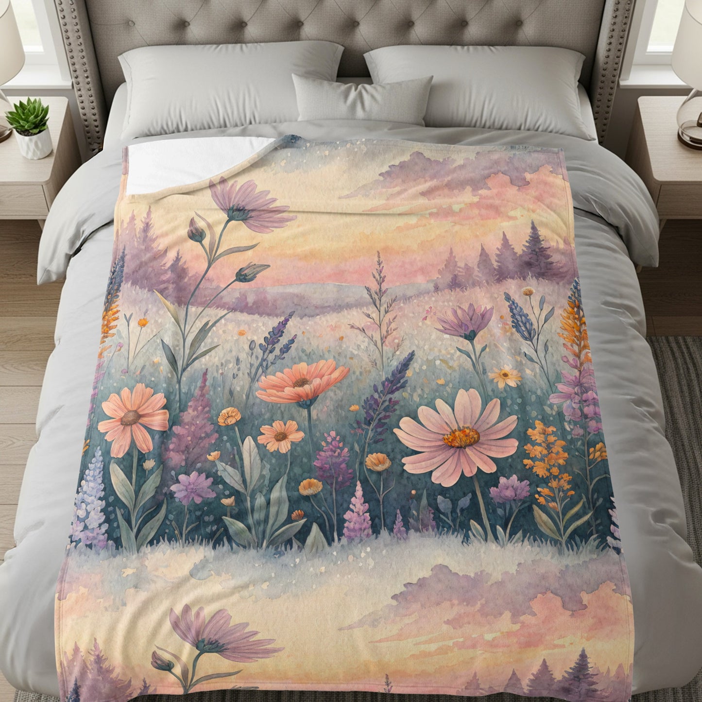 Floral Watercolor Meadow with Sunset Hues Velveteen Plush Blankets - Walk Greener