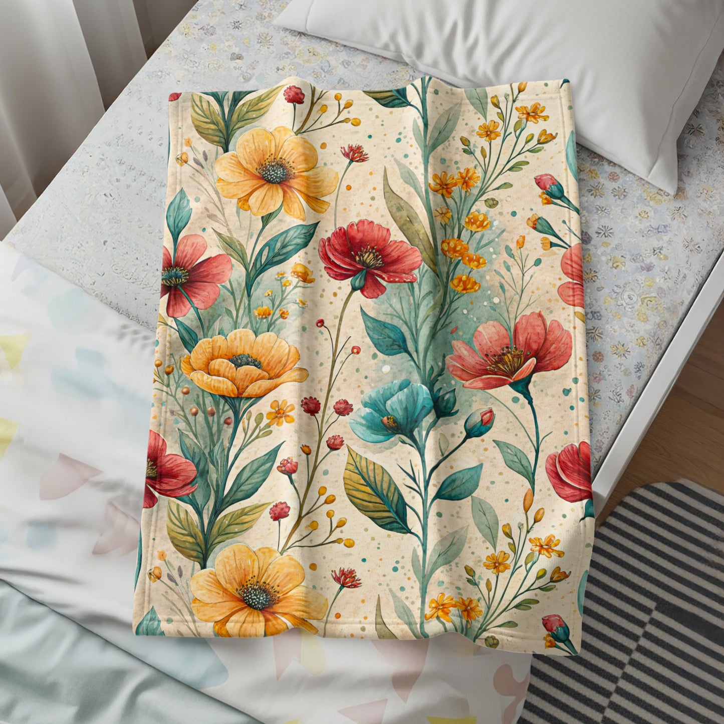 Floral Pattern with Watercolor Style Velveteen Plush Blankets - Walk Greener