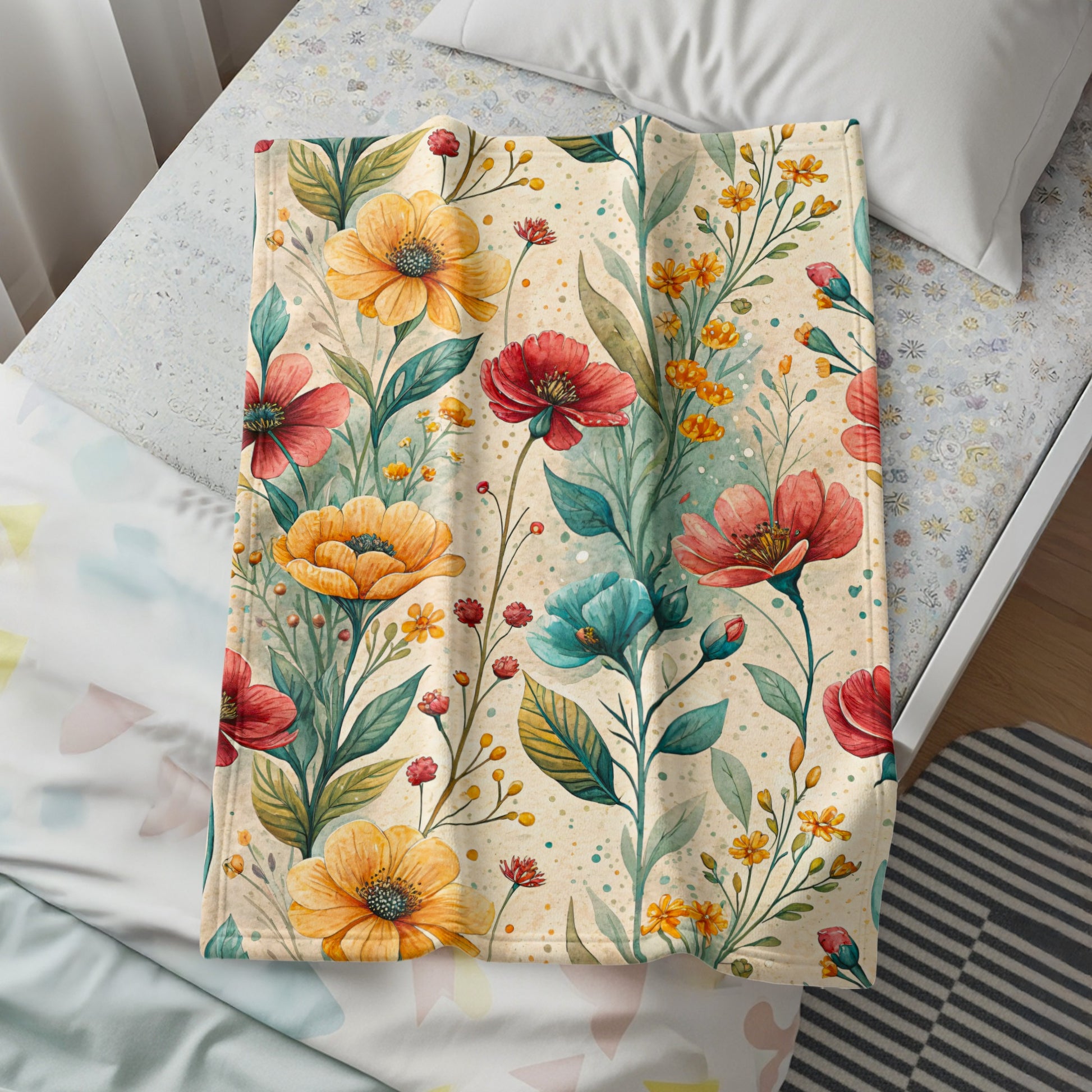 Floral Pattern with Watercolor Style Velveteen Plush Blankets - Walk Greener