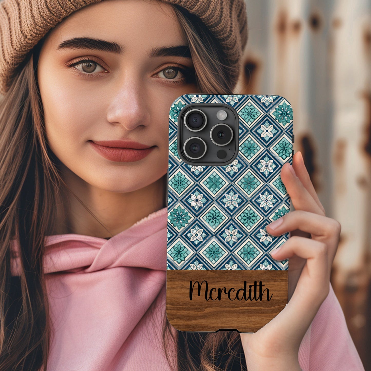 Personalized Blue Floral Design Meredith Phone Case