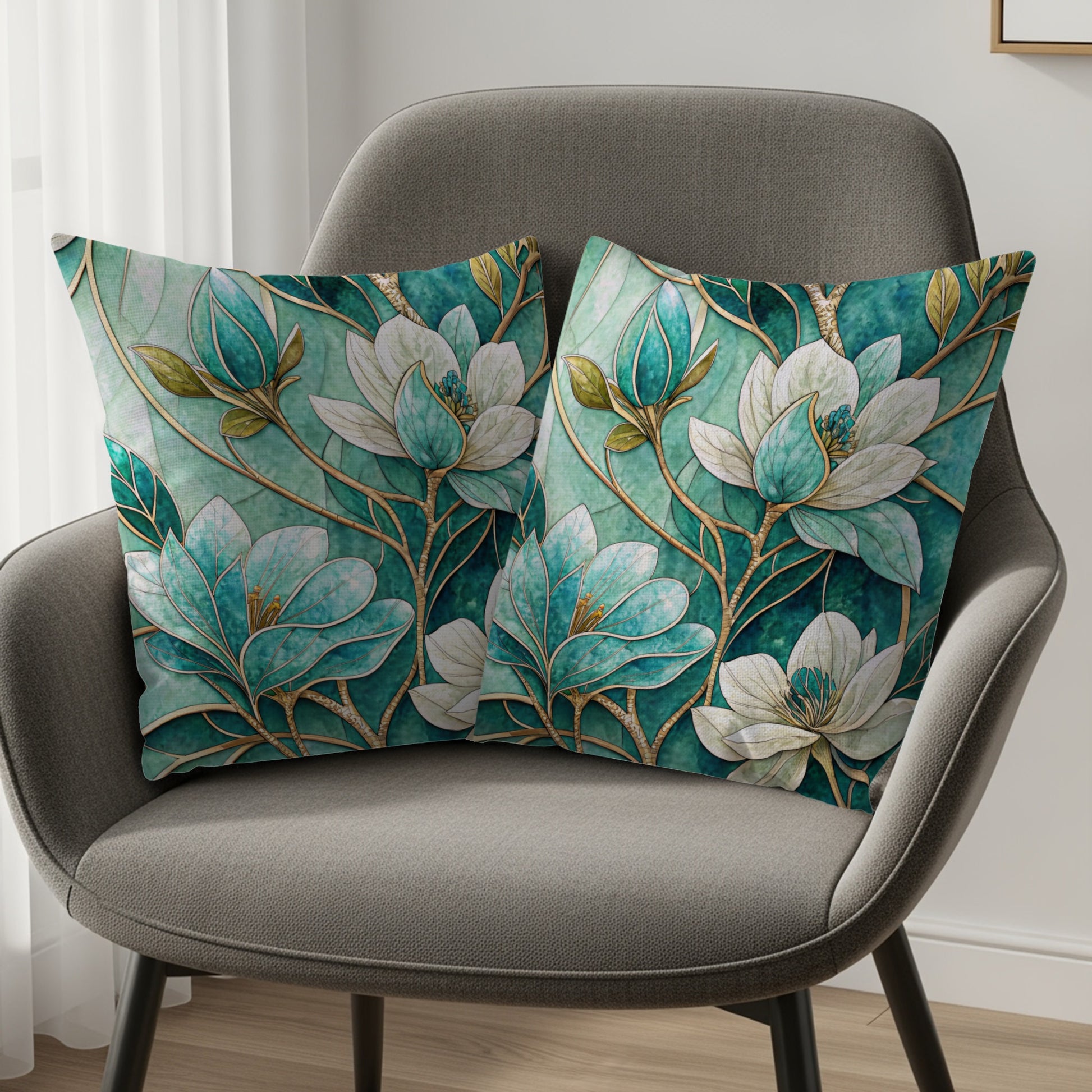 Elegant Floral Mosaic Design on Emerald Green Throw Pillows - Walk Greener