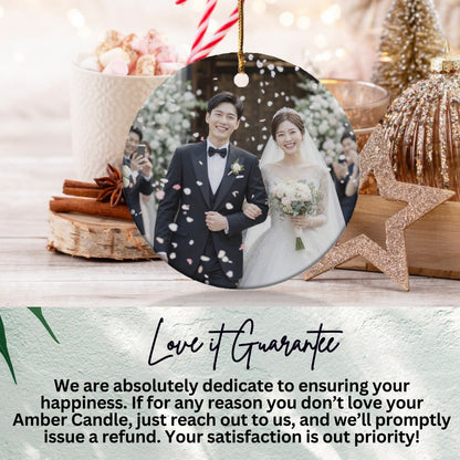 Wedding portrait ornament surrounded by festive decorations and refund guarantee text.