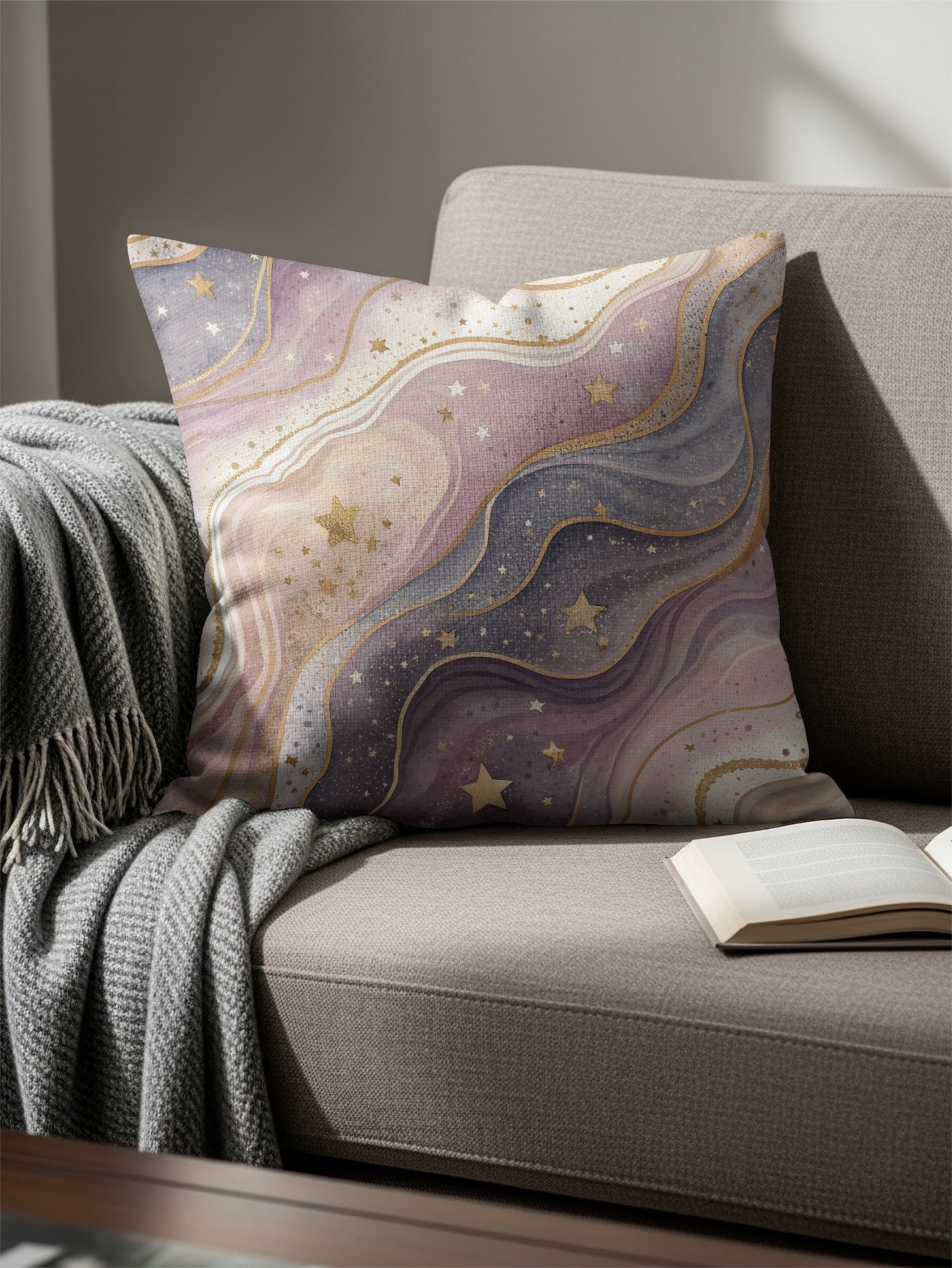 Celestial Dreams Purple and Gold Throw Pillow Cover
