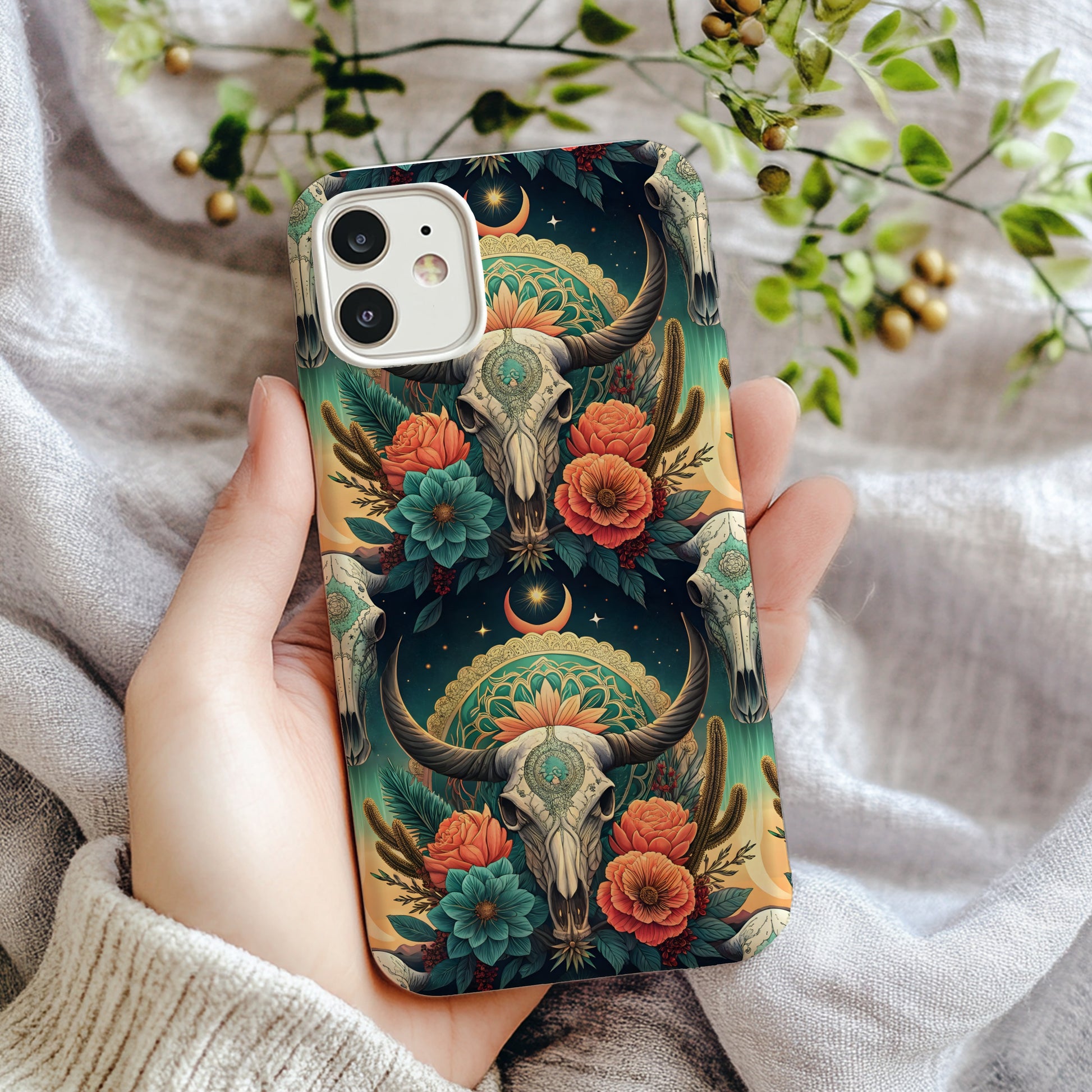 Bohemian Bull Skull Mandala Floral iPhone Case