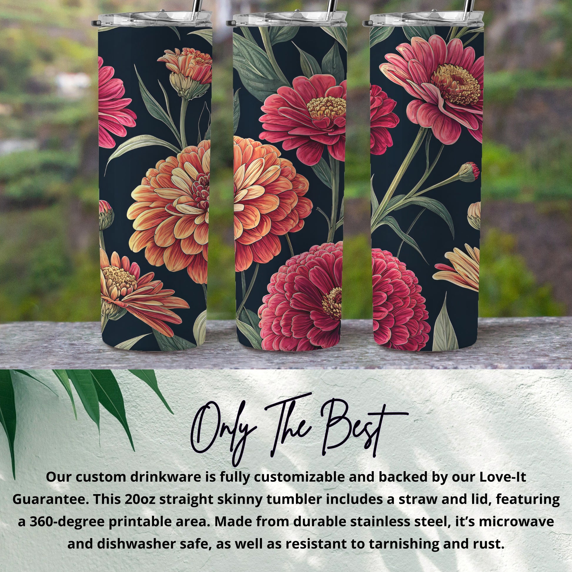 Custom Flower Pattern Skinny Tumbler with Straw 20oz