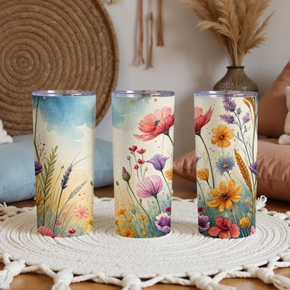Watercolor Floral Field Design Beautiful Flower Art 20 oz Skinny Tumbler - Walk Greener