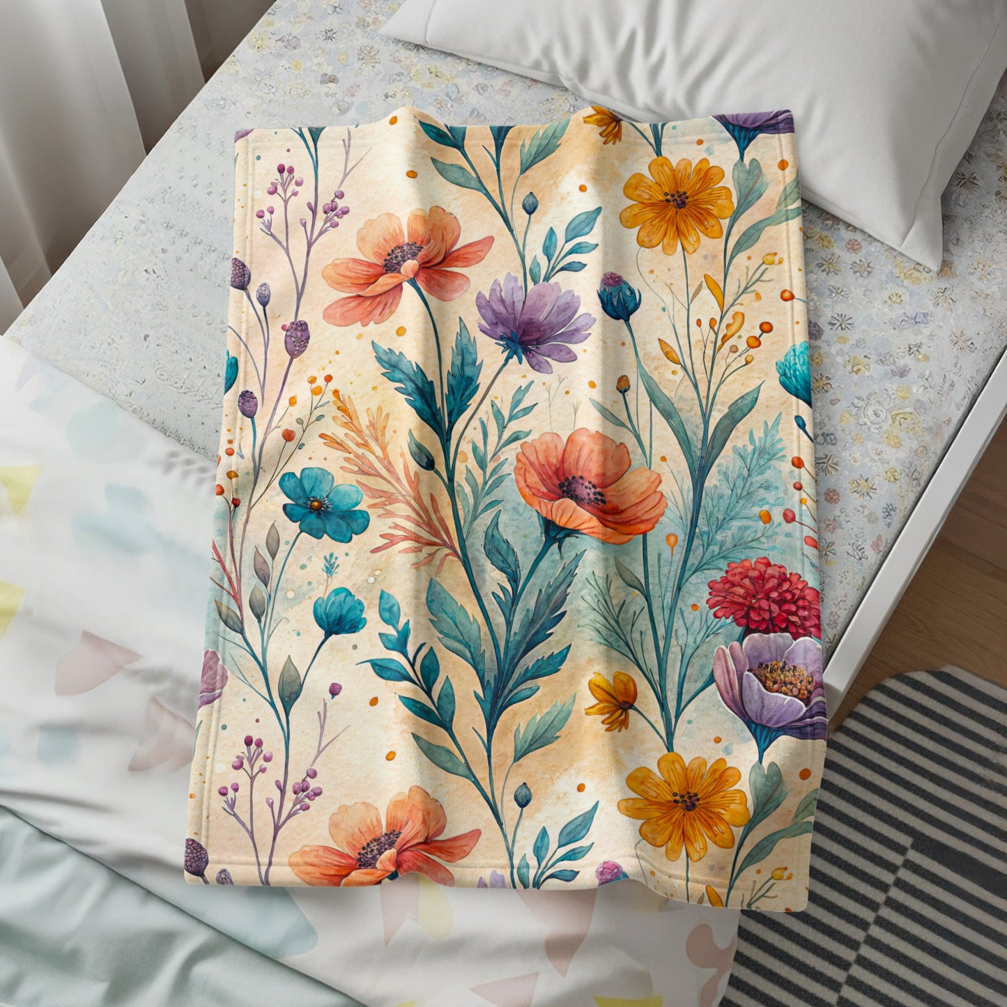 Watercolor Garden Floral Design on Velveteen Plush Blankets - Walk Greener