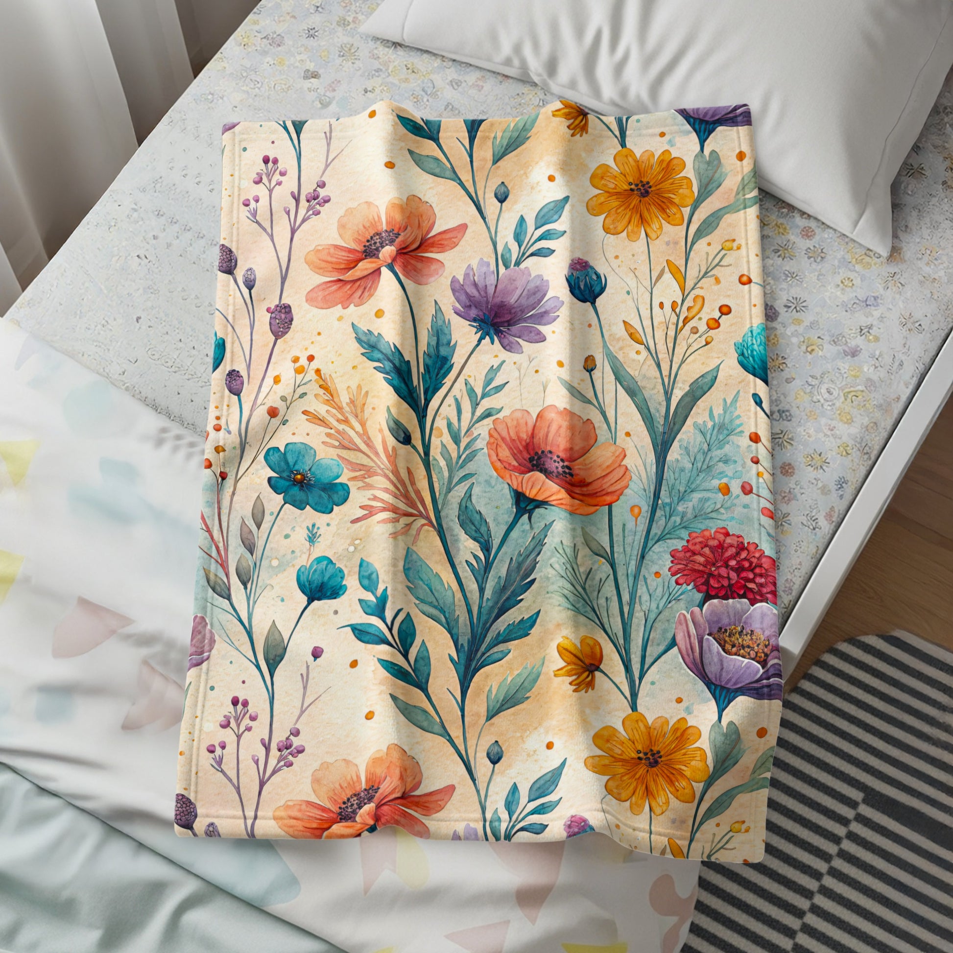 Watercolor Garden Floral Design on Velveteen Plush Blankets - Walk Greener