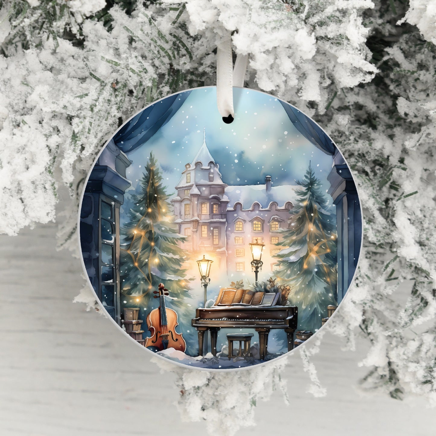 Snowy Winter Castle With Piano Music Ornament product type