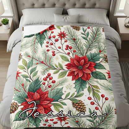 Personalized Red Floral Winter Design Blanket