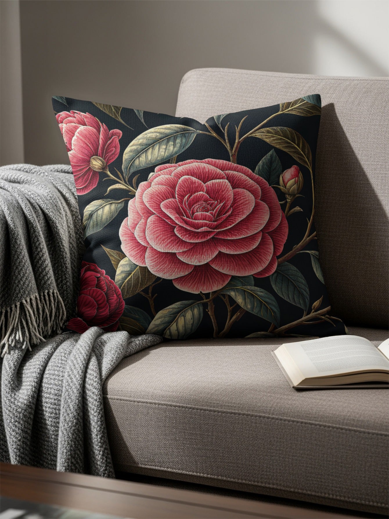 Elegant Red Rose Print Decorative Throw Pillow
