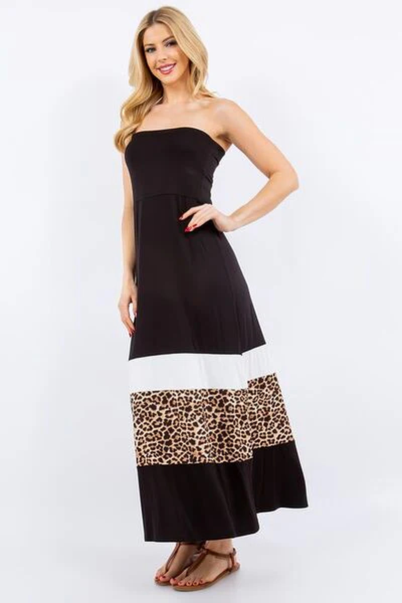 Celeste Leopard Color Block Tube Maxi Dress – A Bold & Trendy Statement