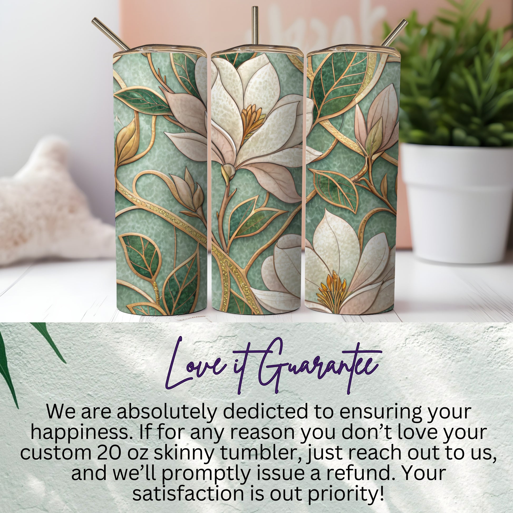 Floral Bloom Magnolia on Mint Green Background 20 oz Skinny Tumbler - Walk Greener