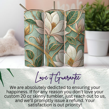 Floral Bloom Magnolia on Mint Green Background 20 oz Skinny Tumbler - Walk Greener