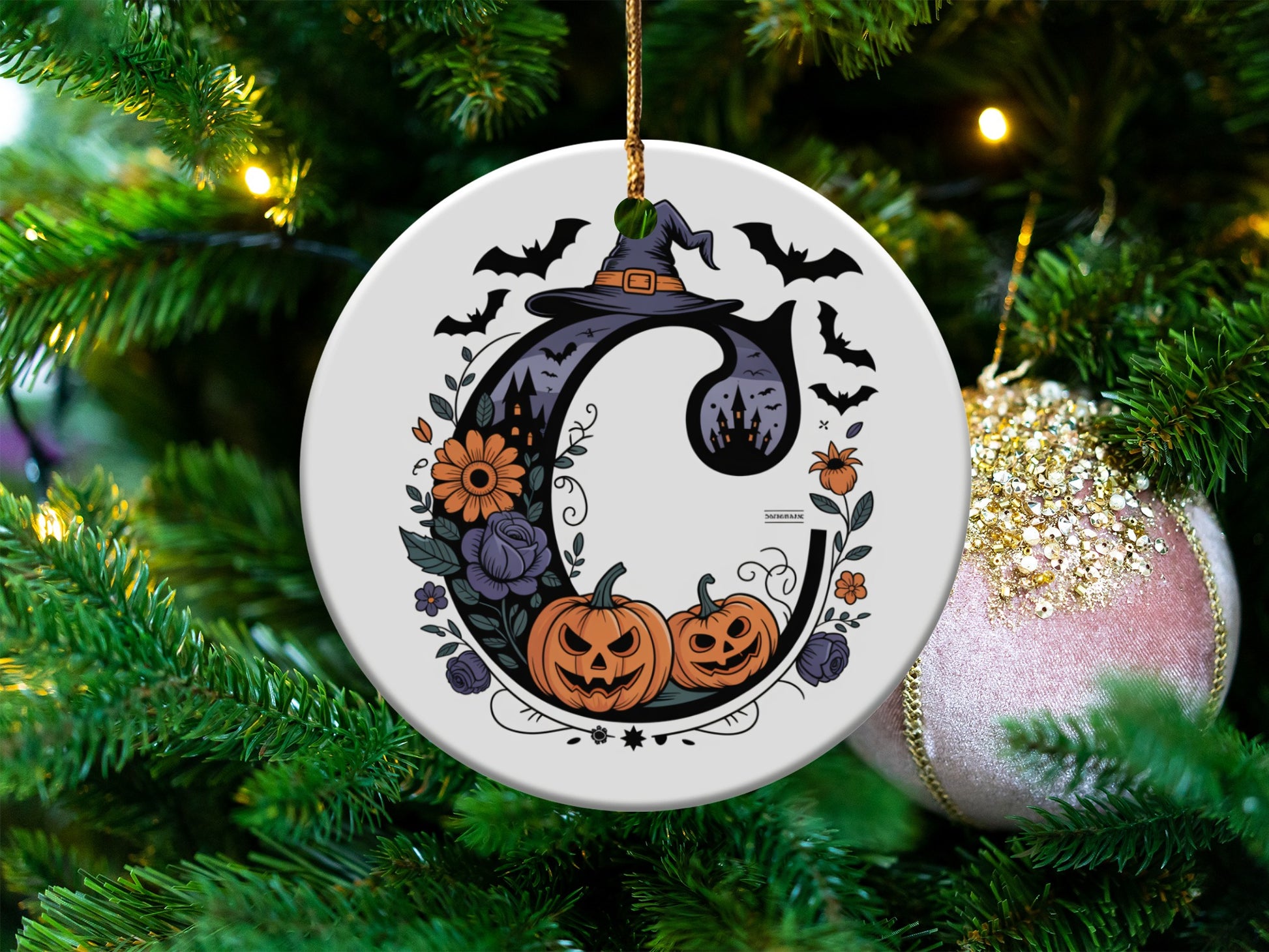 Halloween Witch Hat and Pumpkins Ornament product type