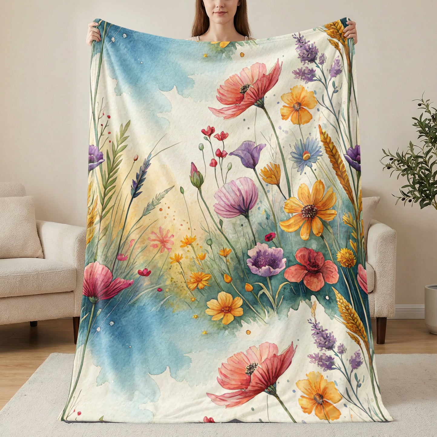 Watercolor Wildflower Meadow In Bloom Dreamscape Art Velveteen Plush Blankets - Walk Greener
