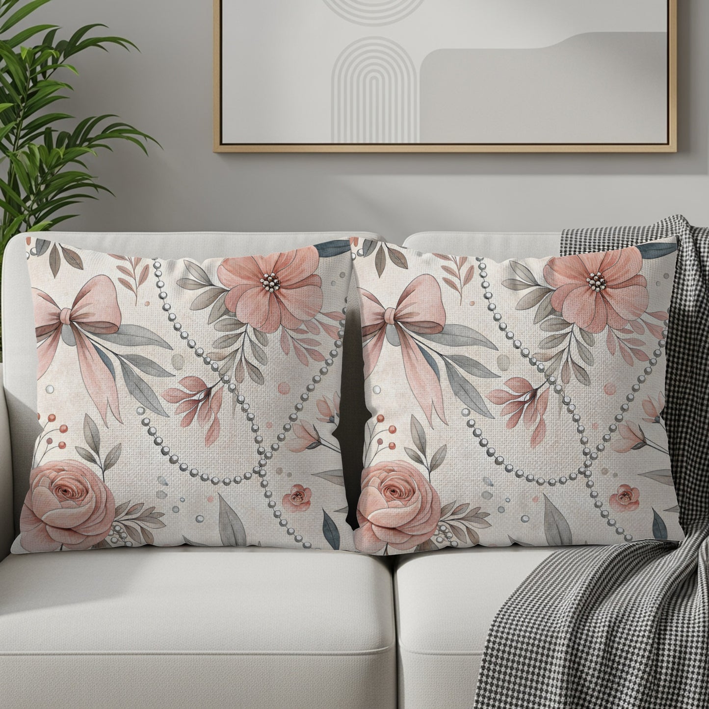 Elegant Floral and Bow Design Throw Pillow Set