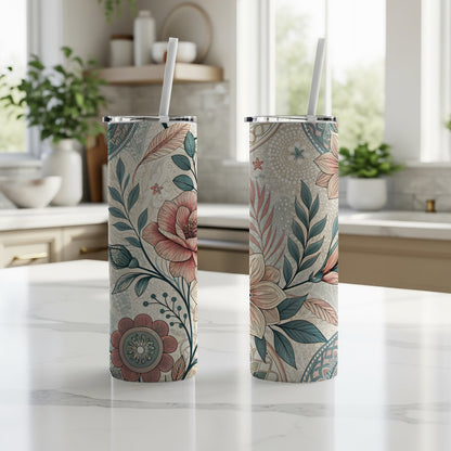 Floral Botanical Patterned Tumbler with Straw Drinkware