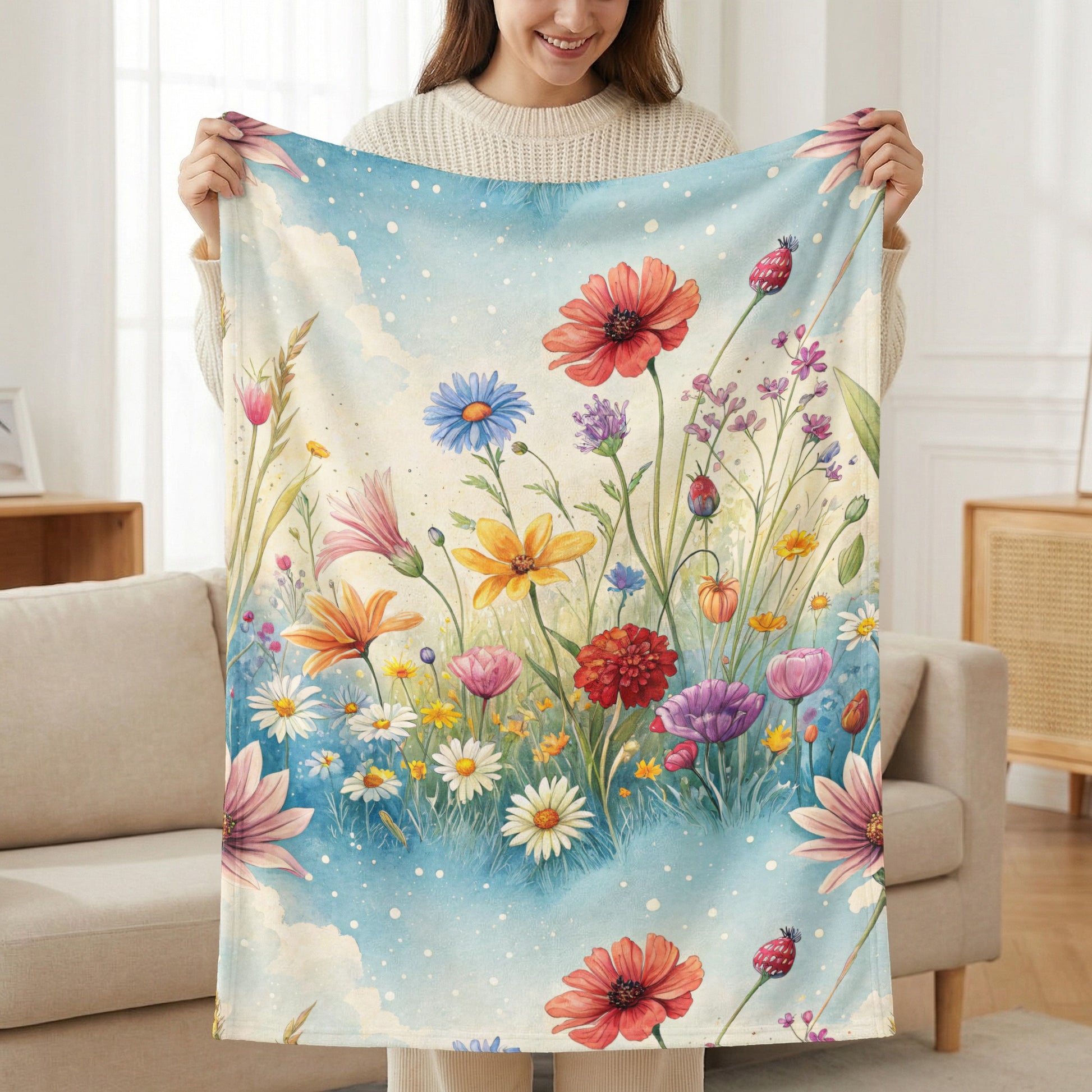 Watercolor Meadow in Sky With Flowers Velveteen Plush Blankets - Walk Greener