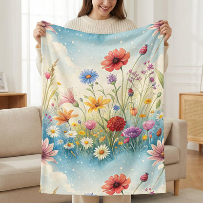 Watercolor Meadow in Sky With Flowers Velveteen Plush Blankets - Walk Greener