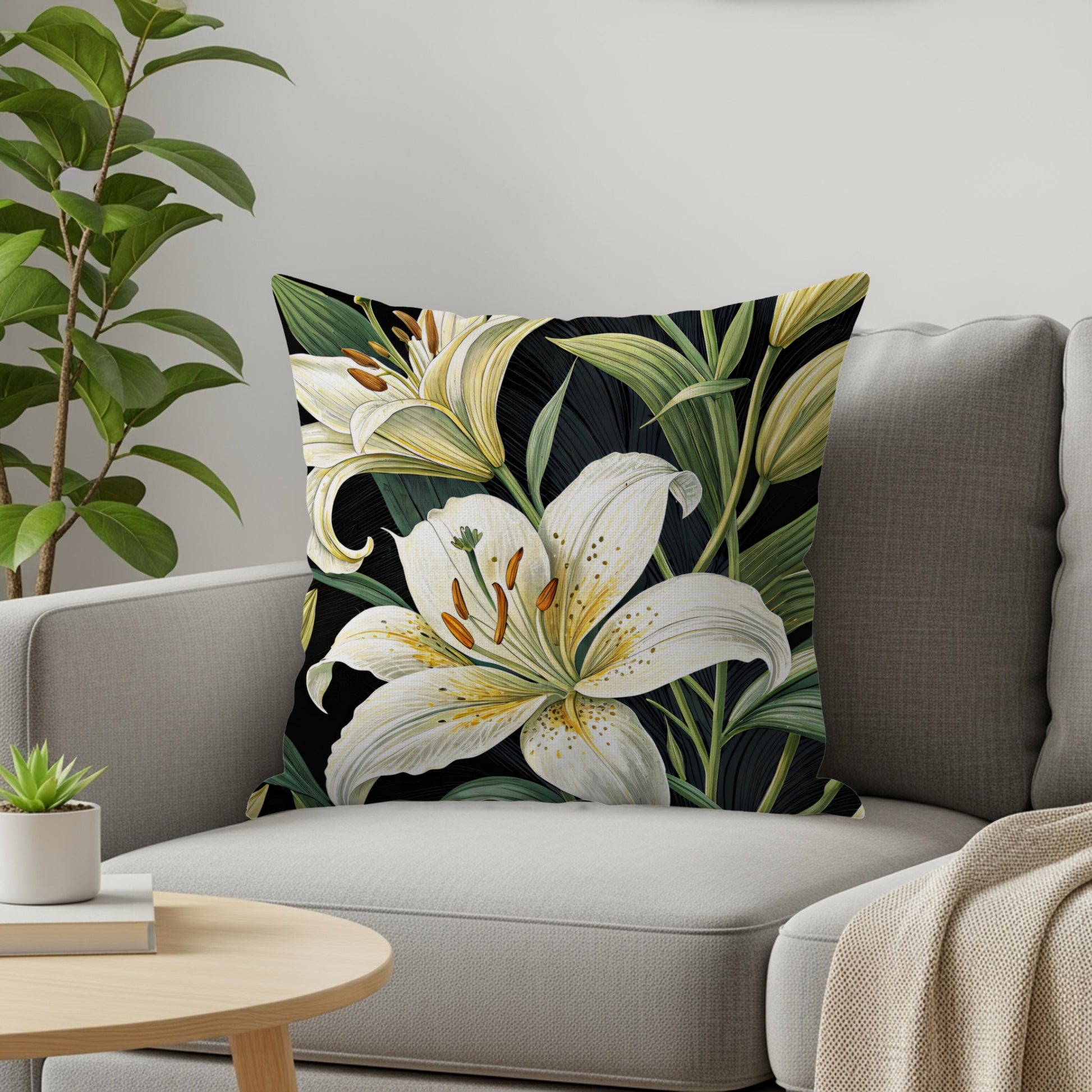 Elegant White Lilies Pattern Design Decorative Floral Throw Pillows - Walk Greener