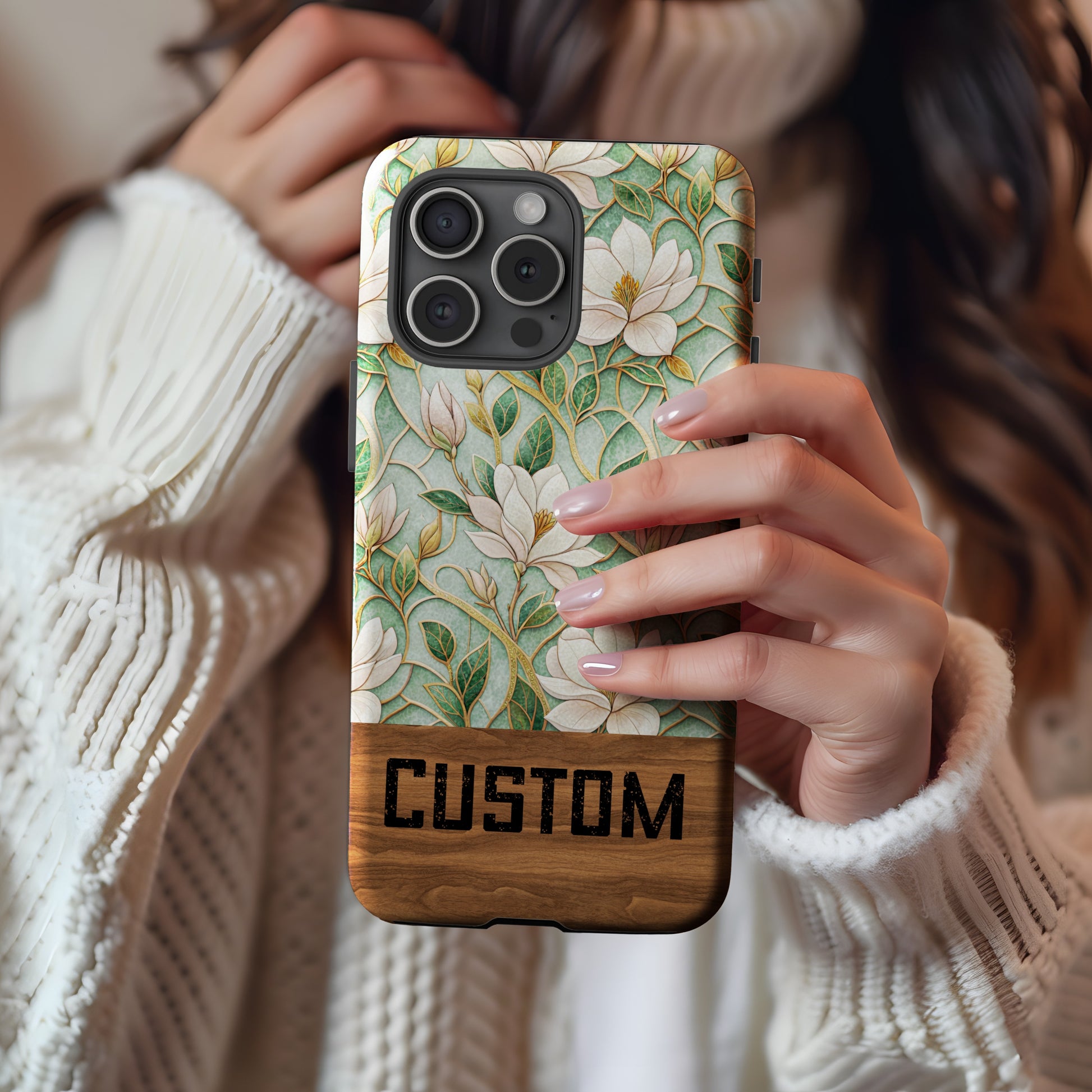 Custom Floral Case with Green White Botanical Design