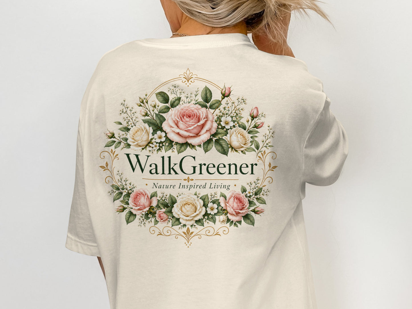 Cream t-shirt with floral circle design and text "WalkGreener Nature Inspired Living".