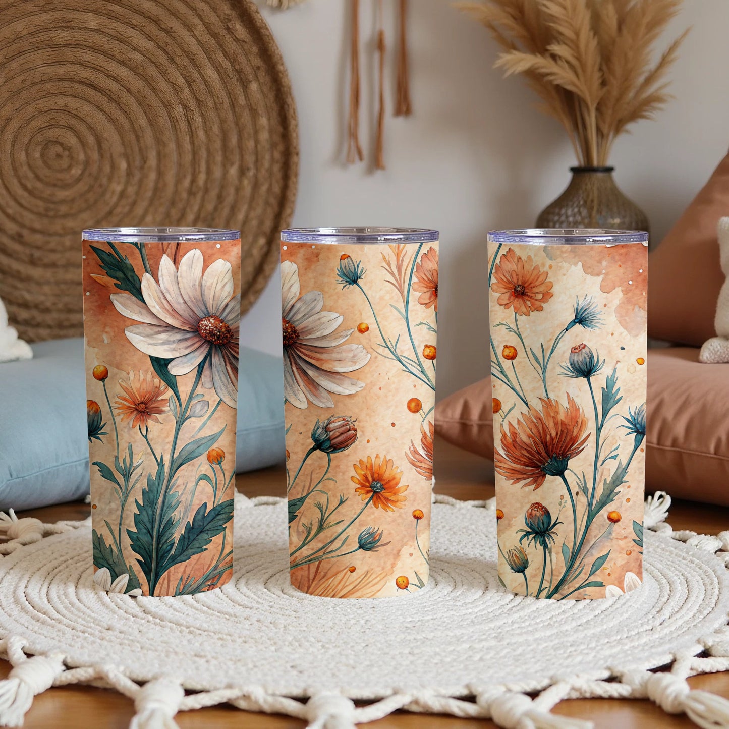 Floral Watercolor Beauty Orange White 20 oz Skinny Tumbler - Walk Greener
