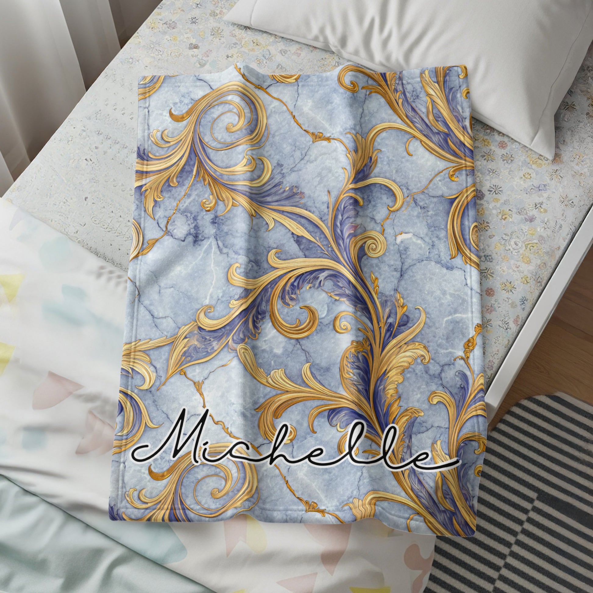 Elegant Blue Marble Golden Accents Custom Name Personalized - Walk Greener