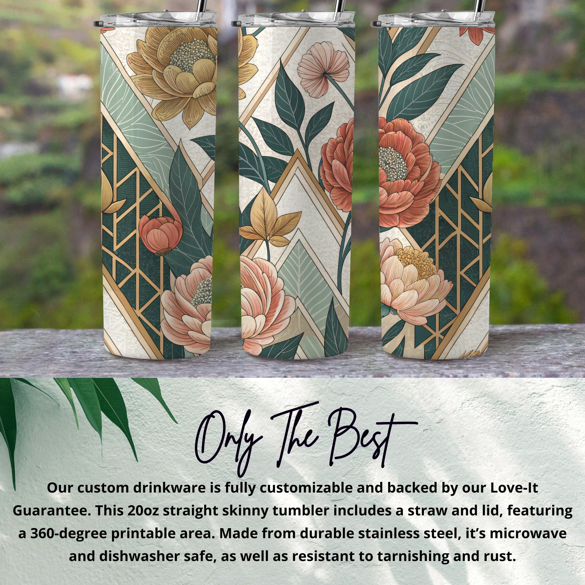 Elegant Floral Arrangement On Geometric Background 20 oz Skinny Tumbler - Walk Greener