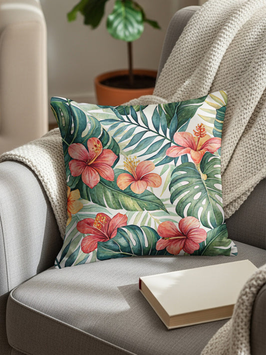 Tropical Floral Cushion Cover with Hibiscus Flowers Design