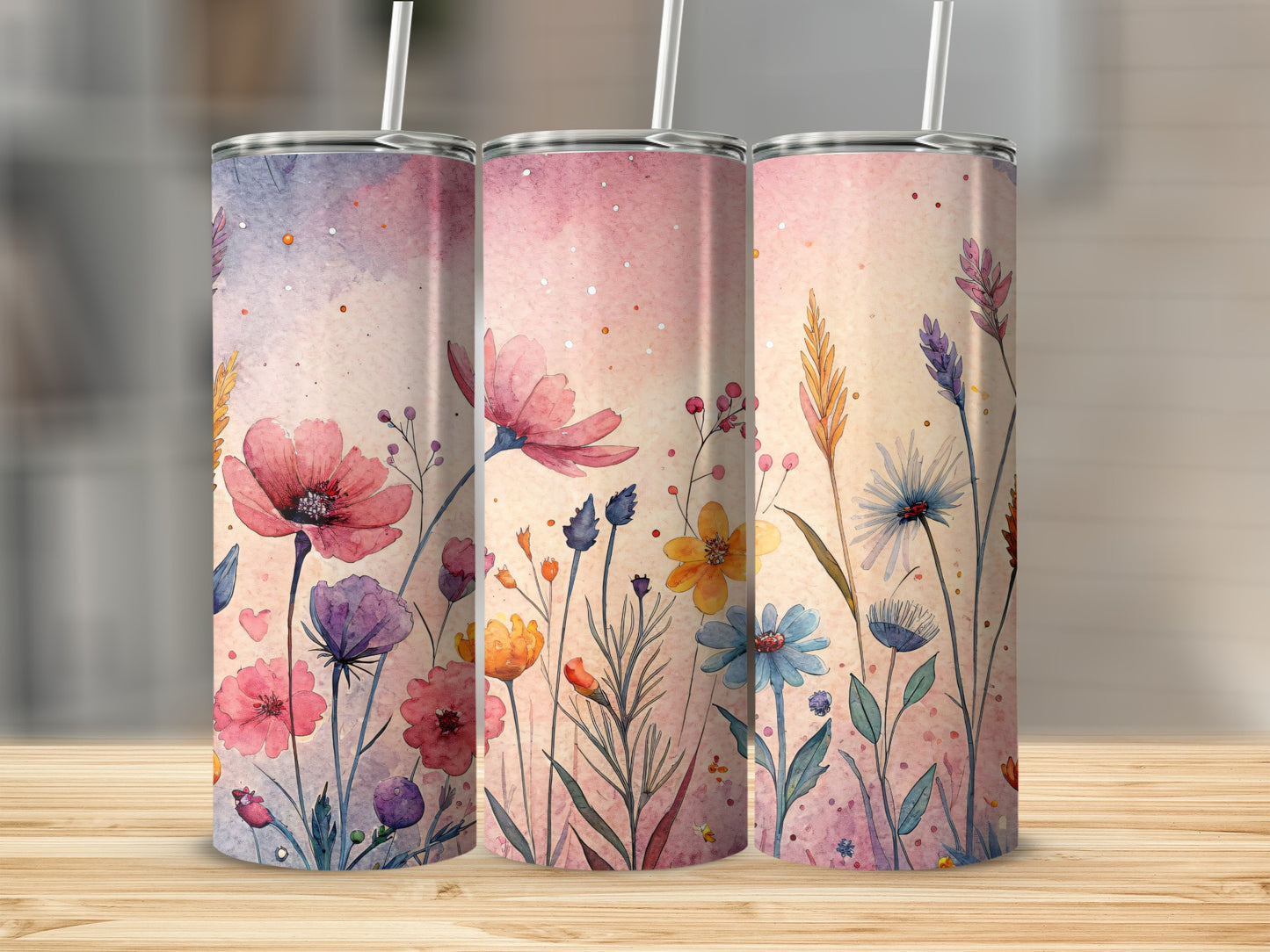 Watercolor Floral Field On Light Pink 20 oz Skinny Tumbler - Walk Greener