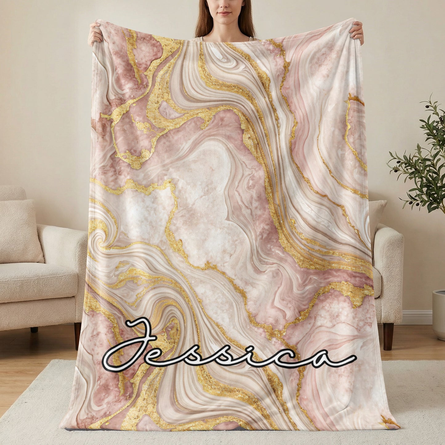 Pink Marble with Golden Veins Custom Name Blanket - Walk Greener