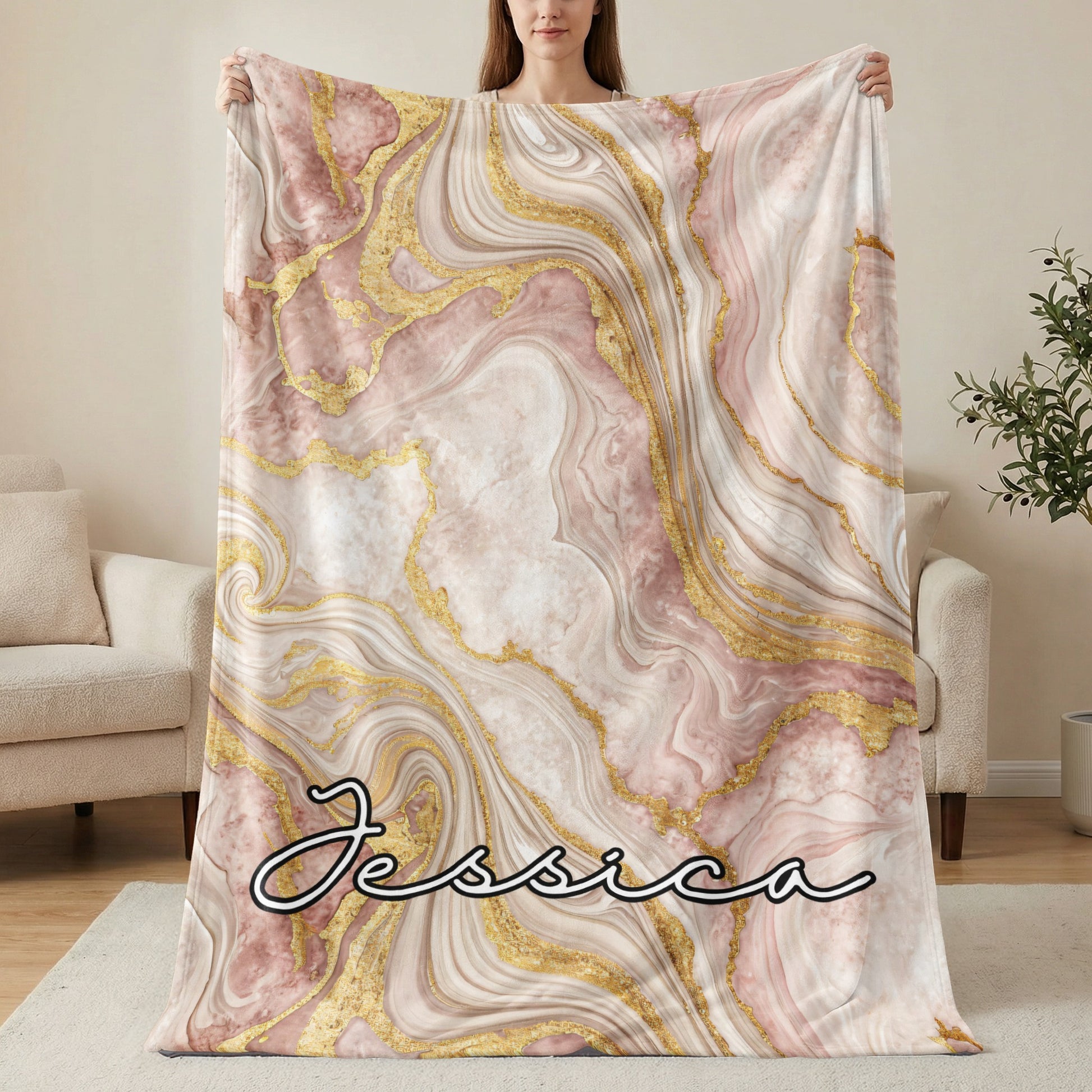 Pink Marble with Golden Veins Custom Name Blanket - Walk Greener